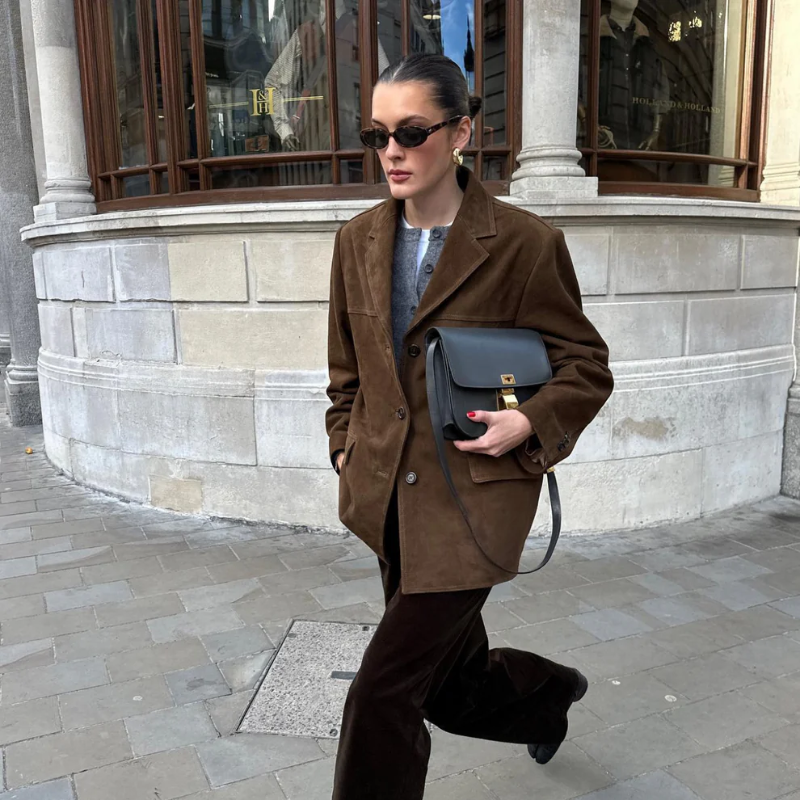 Ilona - Oversize Braune Wildleder Umlegekragen Lang Jacke