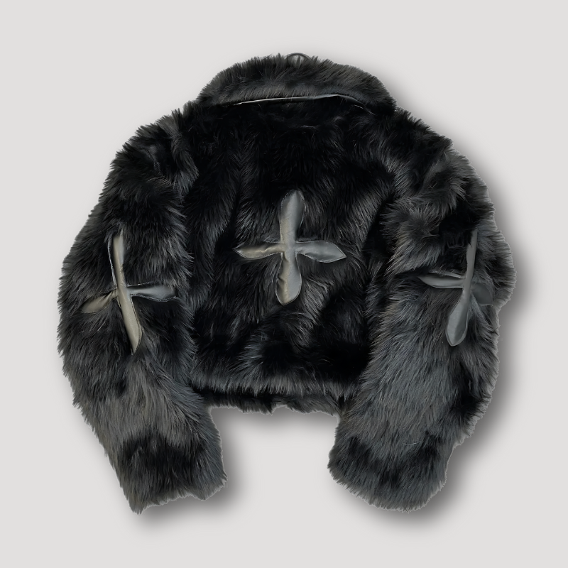 Gundula - Cropped Faux Plüsch Flauschiger Pelz Kreuz-Patchwork Jacke