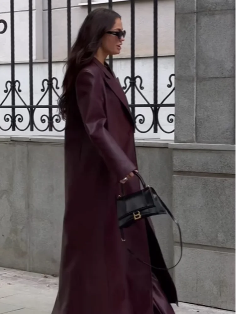 Quinn - Oversized Burgunderroter PU-Ledermantel Für Damen