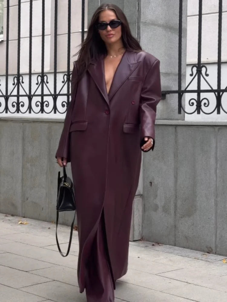 Quinn - Oversized Burgunderroter PU-Ledermantel Für Damen