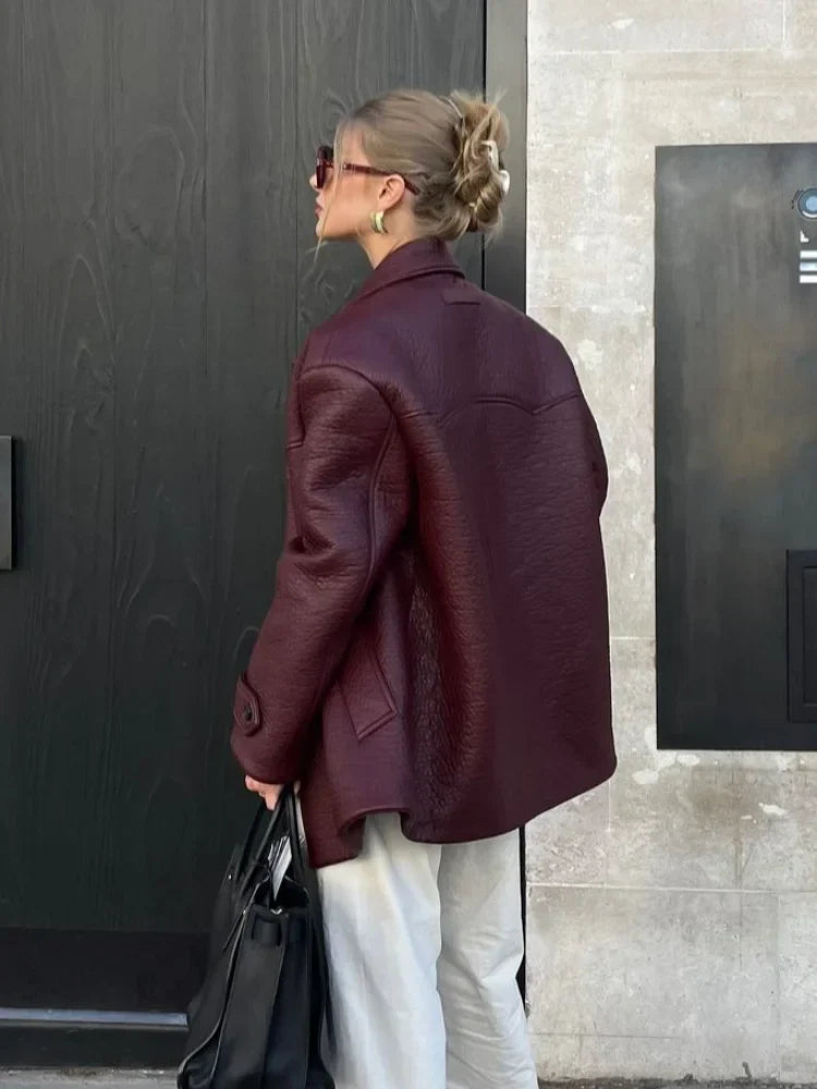 Rosel - Oversize Zweireihiger Lederblazer Für Damen