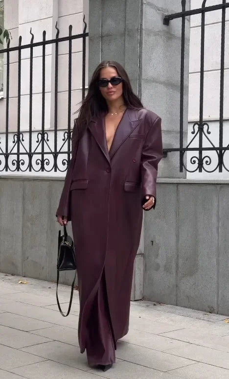 Quinn - Oversized Burgunderroter PU-Ledermantel Für Damen