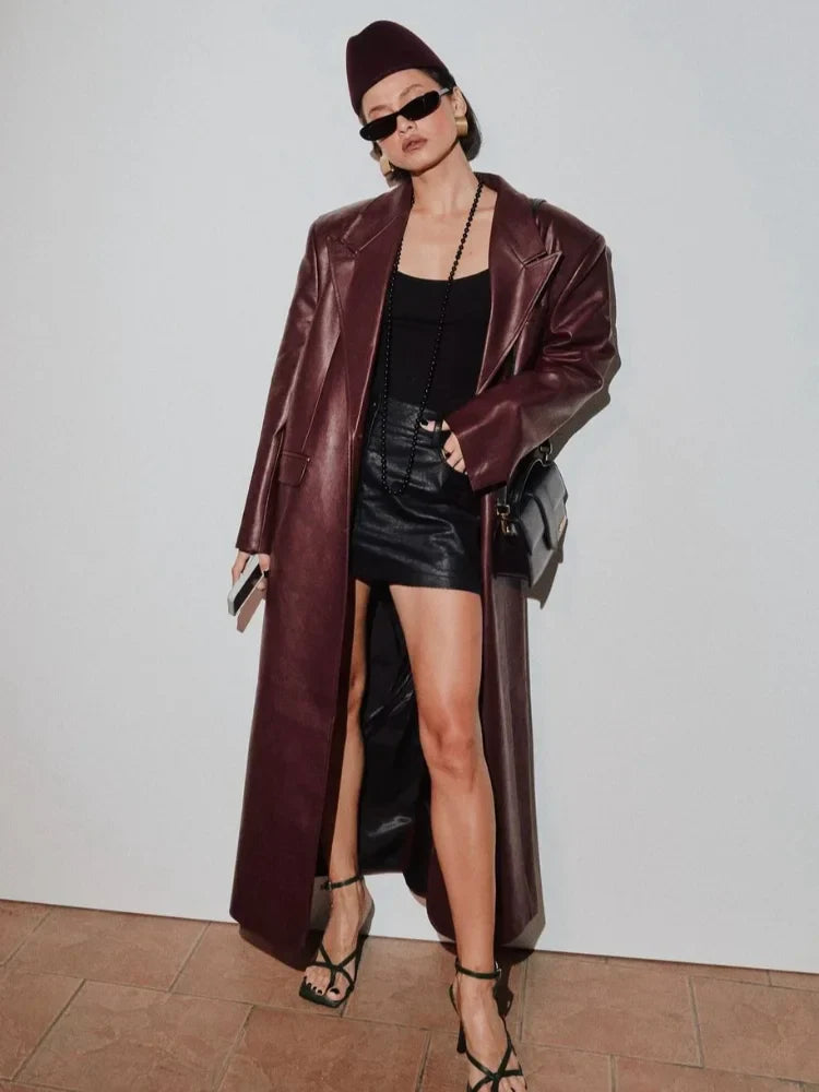 Quinn - Oversized Burgunderroter PU-Ledermantel Für Damen