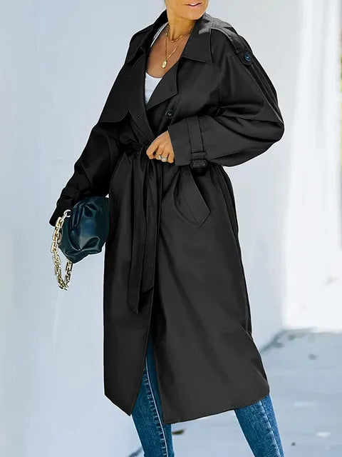 Leonilda - Klassischer Revers Langer Trenchcoat Winddichter Mantel mit Gürtel