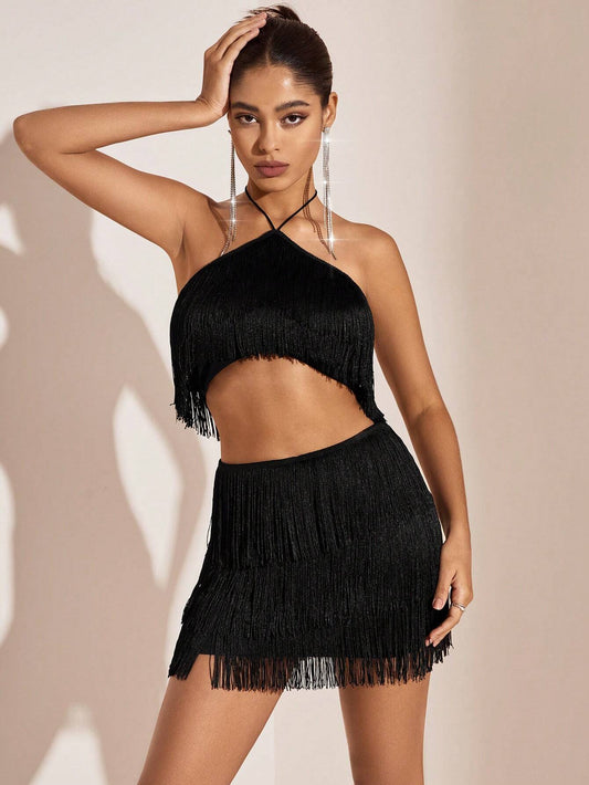 Yara - Schwarzes Neckholder-Top Und Rock-Set