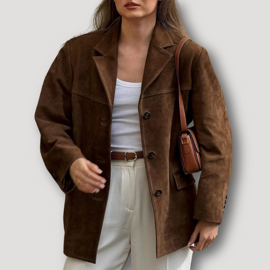 Ilona - Oversize Braune Wildleder Umlegekragen Lang Jacke