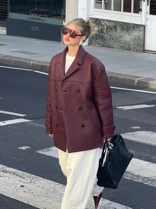 Rosel - Oversize Zweireihiger Lederblazer Für Damen