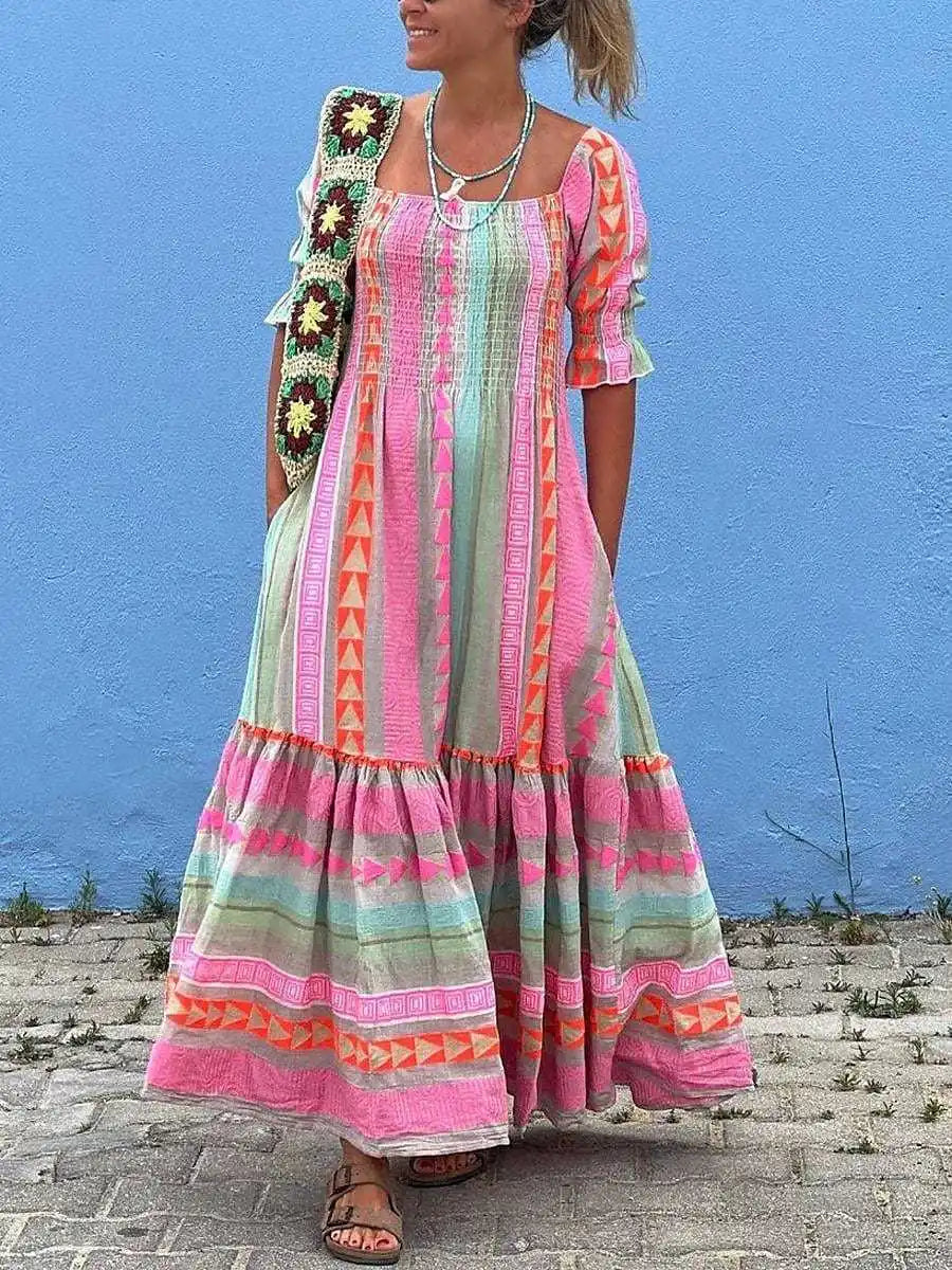 Alissa - Bedrucktes, Plissiertes Patchwork-Maxikleid