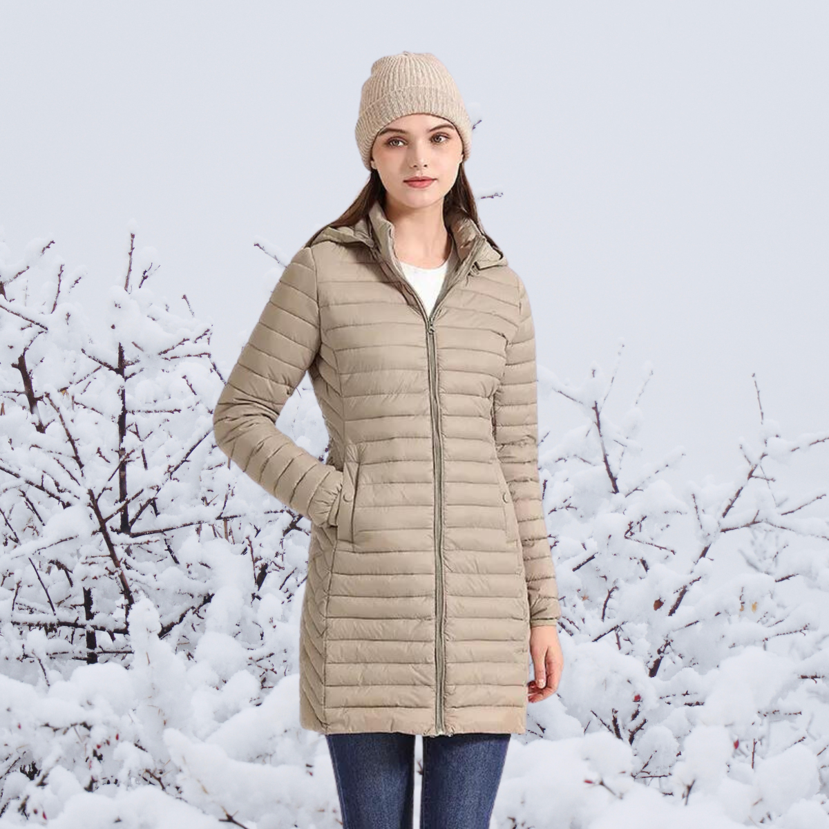 Hilda - Die neue ultraleichte, tragbare, lange und warme Parka-Jacke mit Kapuze