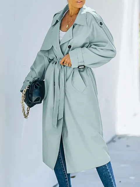Leonilda - Klassischer Revers Langer Trenchcoat Winddichter Mantel mit Gürtel