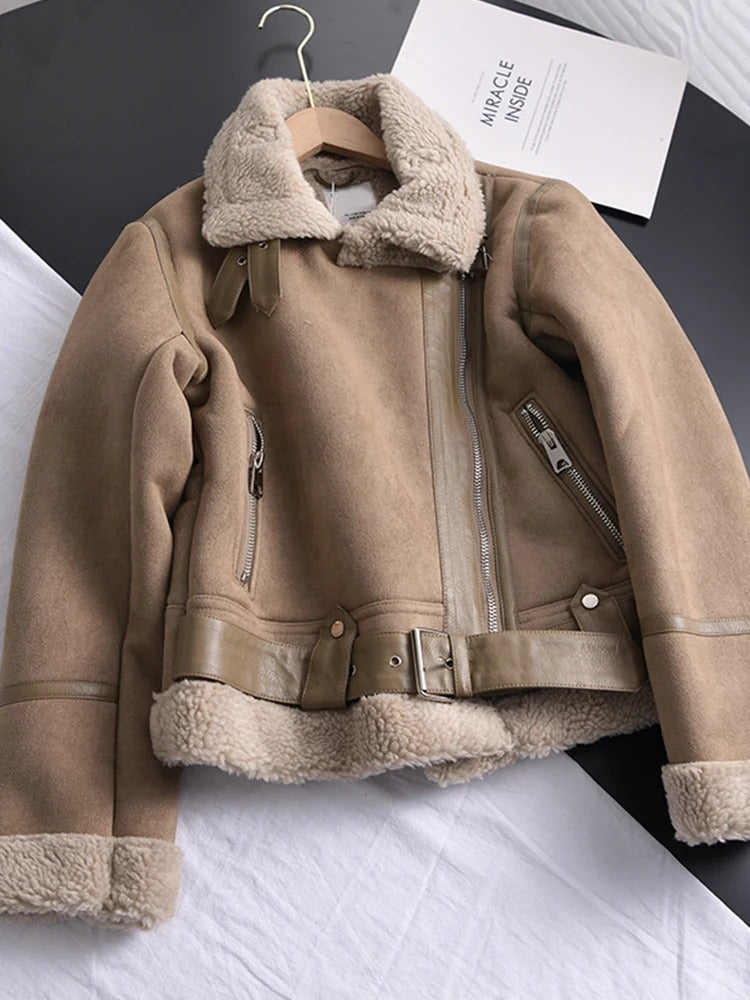 Faline - Winter Frauen dickes warmes Wildleder Lamm kurze Jacke