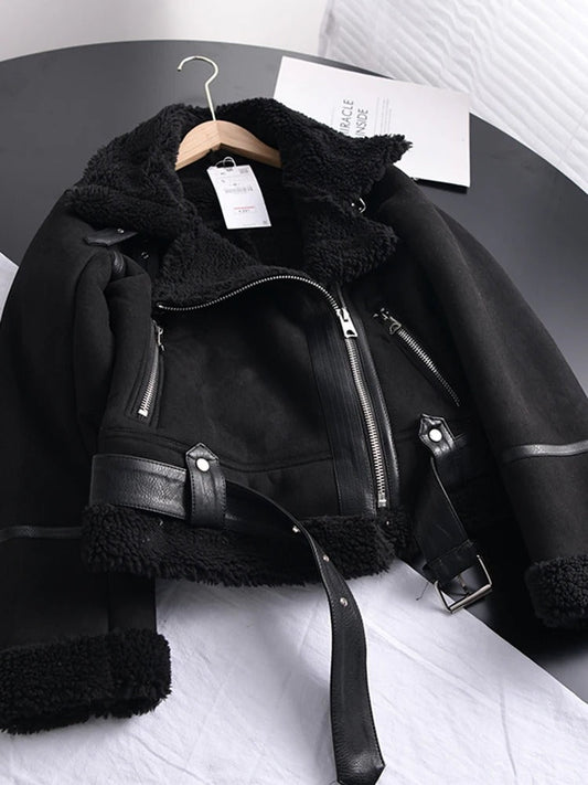 Faline - Winter Frauen dickes warmes Wildleder Lamm kurze Jacke
