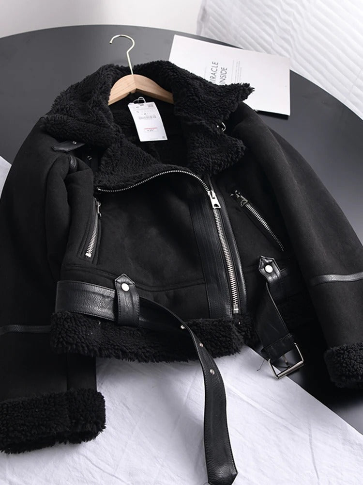 Faline - Winter Frauen dickes warmes Wildleder Lamm kurze Jacke